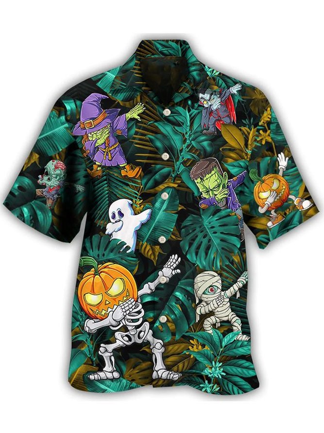 Men's Halloween Dabbing Skeleton Zombie Style Print Hawaiian Shirt