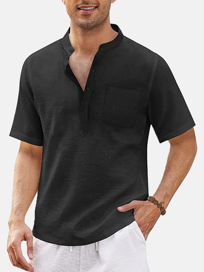 Men's Cotton Linen Casual Pocket Short Sleeve Beach Shirt