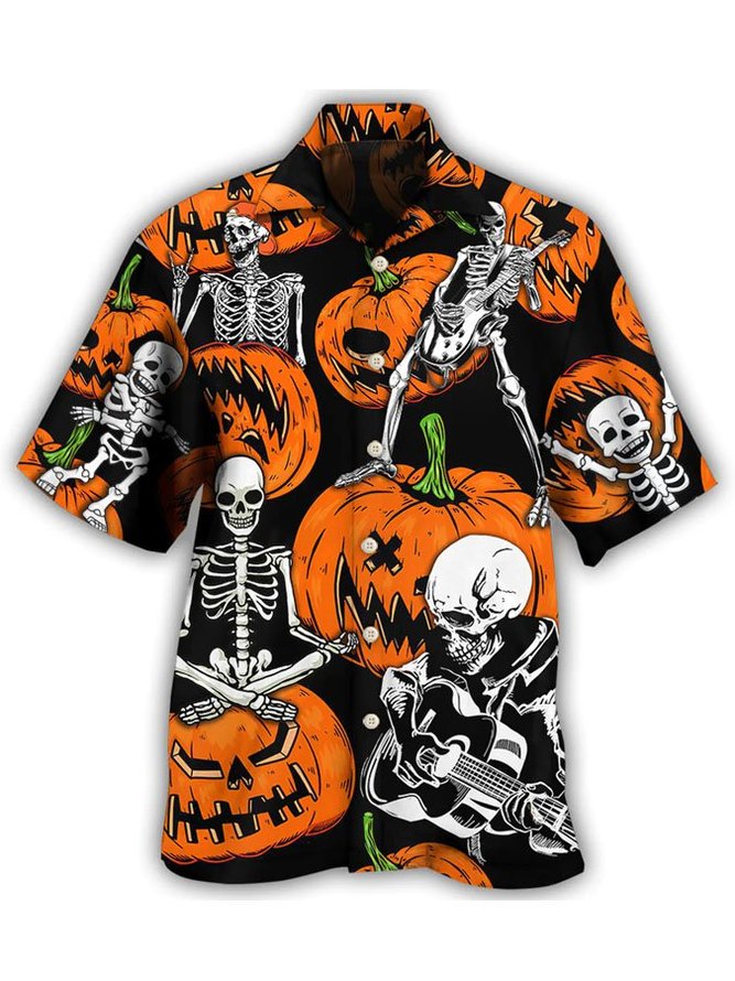 Men's Halloween Skeleton Pumpkin Scary Print Short Sleeve Hawaiian Shirt