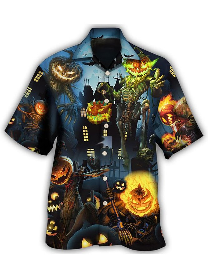 Men's Halloween Pumpkin Scary Sky Night Print Short Sleeve Hawaiian Shirt