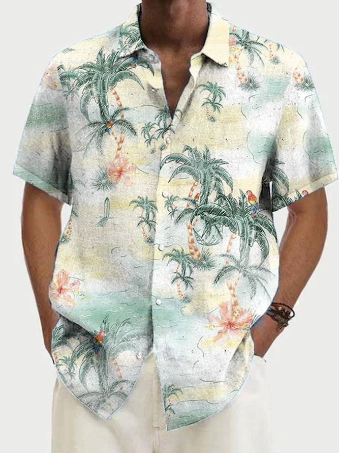 Cotton Linen Men's Holiday Hawaiian Short Sleeve Shirt