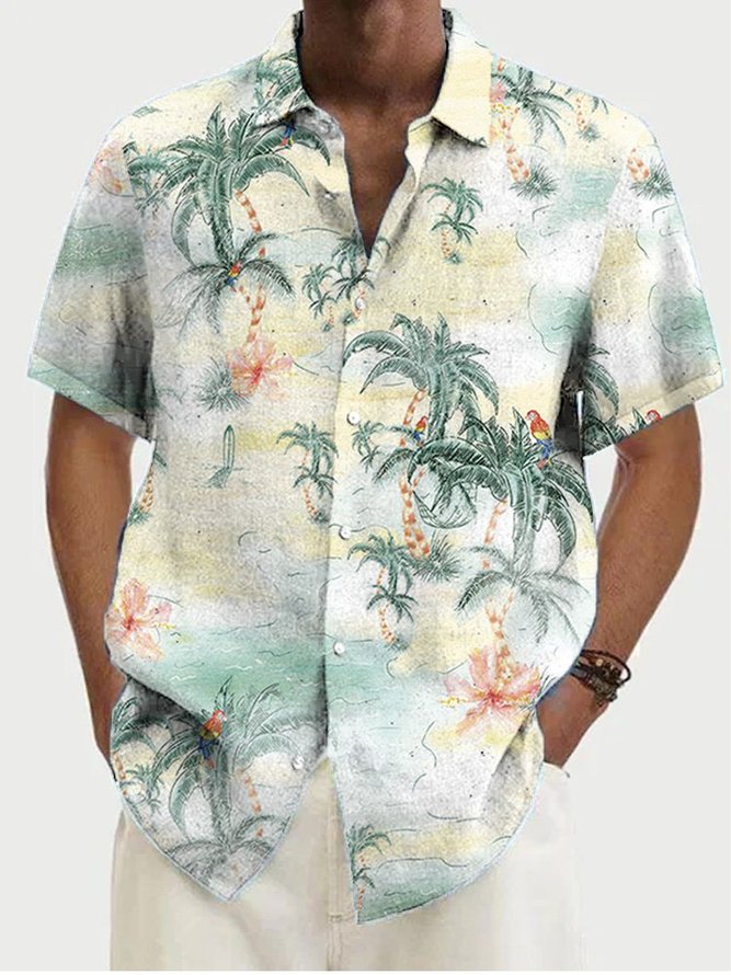 Cotton Linen Men's Holiday Hawaiian Short Sleeve Shirt