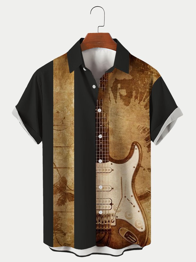 Men's Vintage Music Textured Jazz Saxophone Print Short Sleeve Hawaiian Shirt