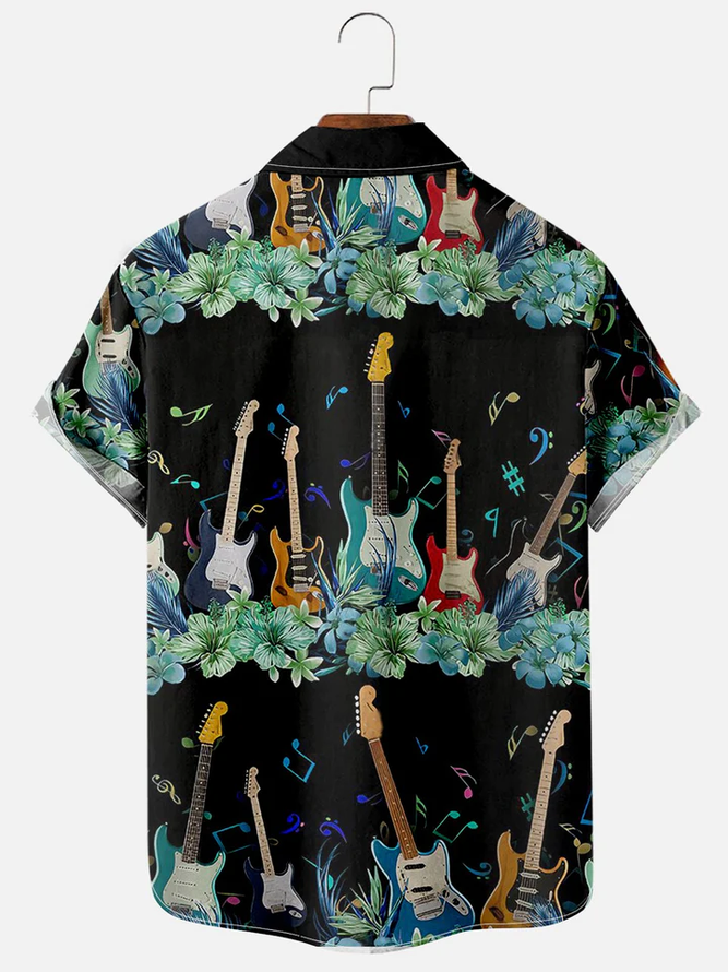 Men's Casual Hawaiian Music Guitar Notes Print Shirt