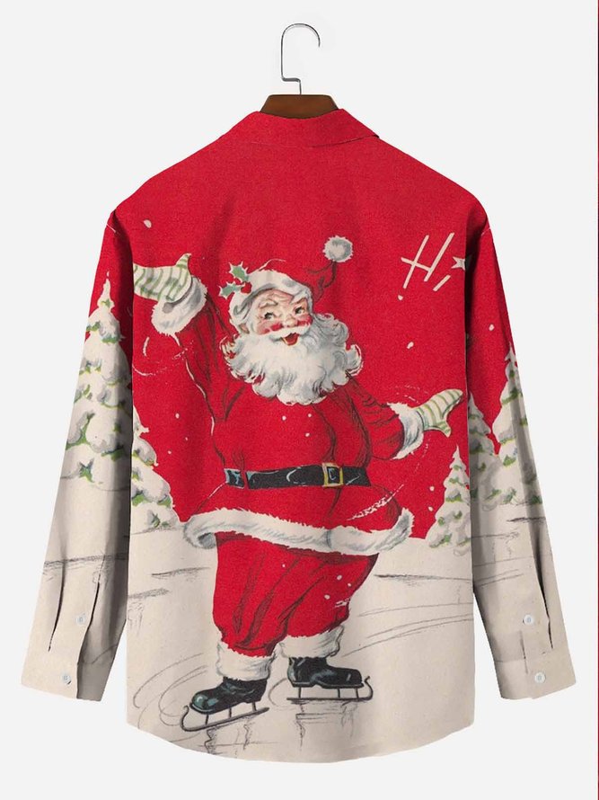 Men's Retro Casual Long Sleeve Shirts Santa Cartoon Plus Size Wrinkle Free Tops