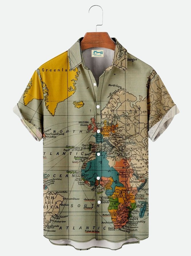 Men's Casual Simple World Map Printed Short Sleeve Shirt