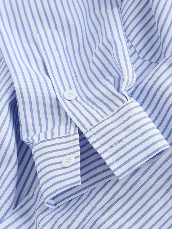 Mens Blue Casual Series Cotton-Blend Striped Long Shirts