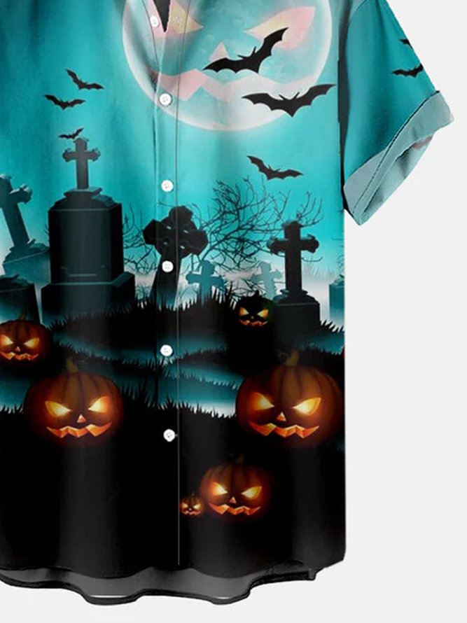 Men's Halloween Jack-O-Lantern Print Short Sleeve Shirt