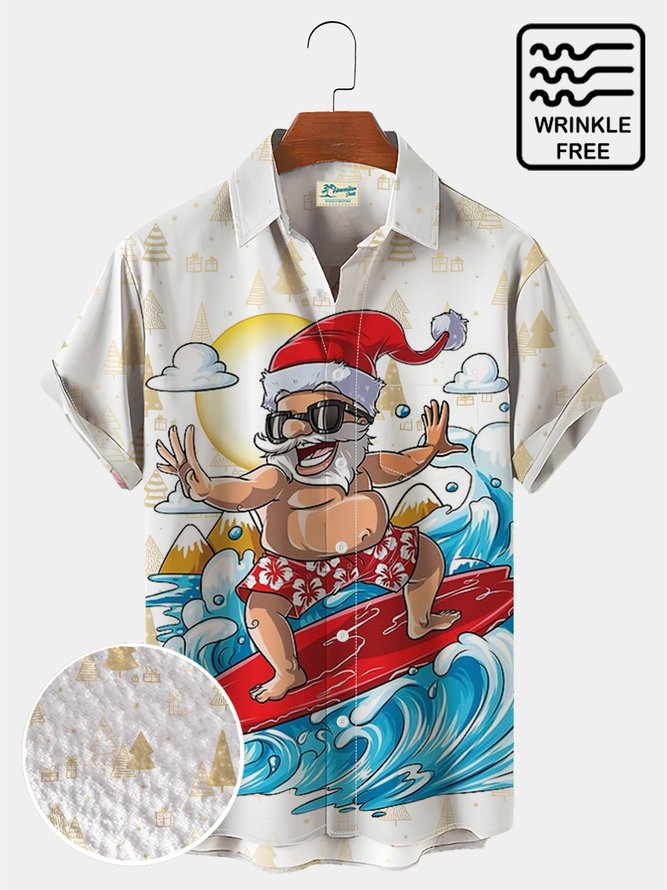 Men's Christmas Hawaiian Short Sleeve Seersucker Wrinkle Free Shirt