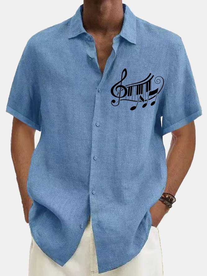 Men's Music Symbol Print Cotton Linen Short Sleeve Shirt