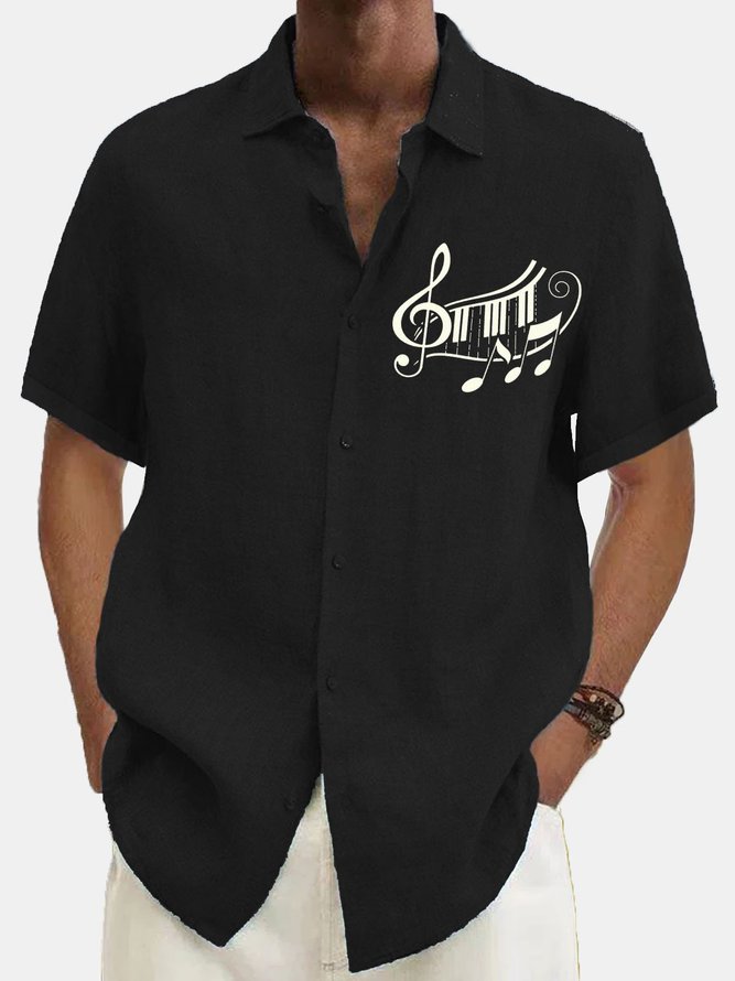 Men's Music Symbol Print Cotton Linen Short Sleeve Shirt