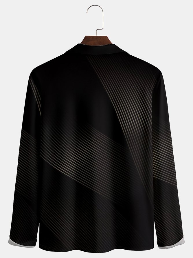 Casual Art Collection 3D Gradient Black Gold Striped Geometric Pattern Lapel Zip Long Sleeve Printed Polo Shirt