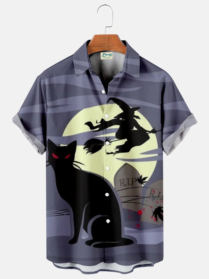 Men's Halloween Black Cat Witch Print Short Sleeve Shirt