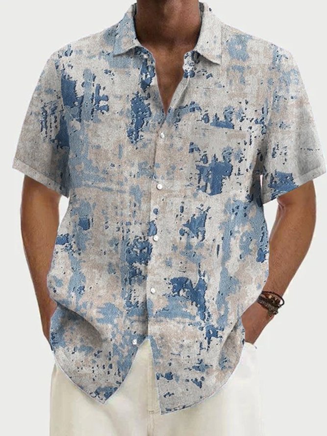 Cotton Linen Men's Textured Print Hawaiian Vacation Short Sleeve Shirt