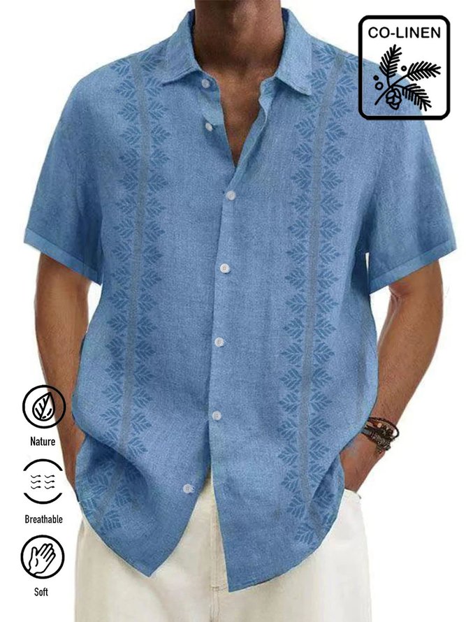 Men's Vintage Fern Stripe Print Cotton Linen Short Sleeve Bowling Shirt