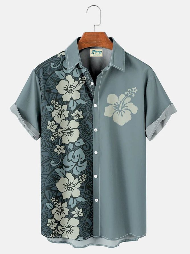 Men's Hawaiian Hibiscus Patchwork Print Seekers Wrinkle-Free Short Sleeve Shirt