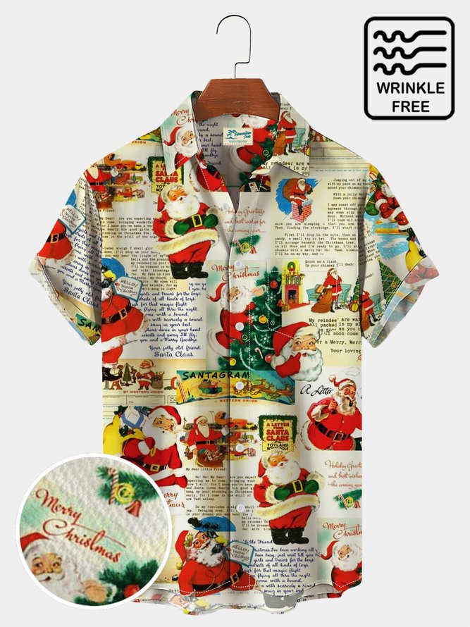 Men's Holiday Christmas Shirts Santa Newspaper Seersucker Wrinkle Free Plus Size Tops