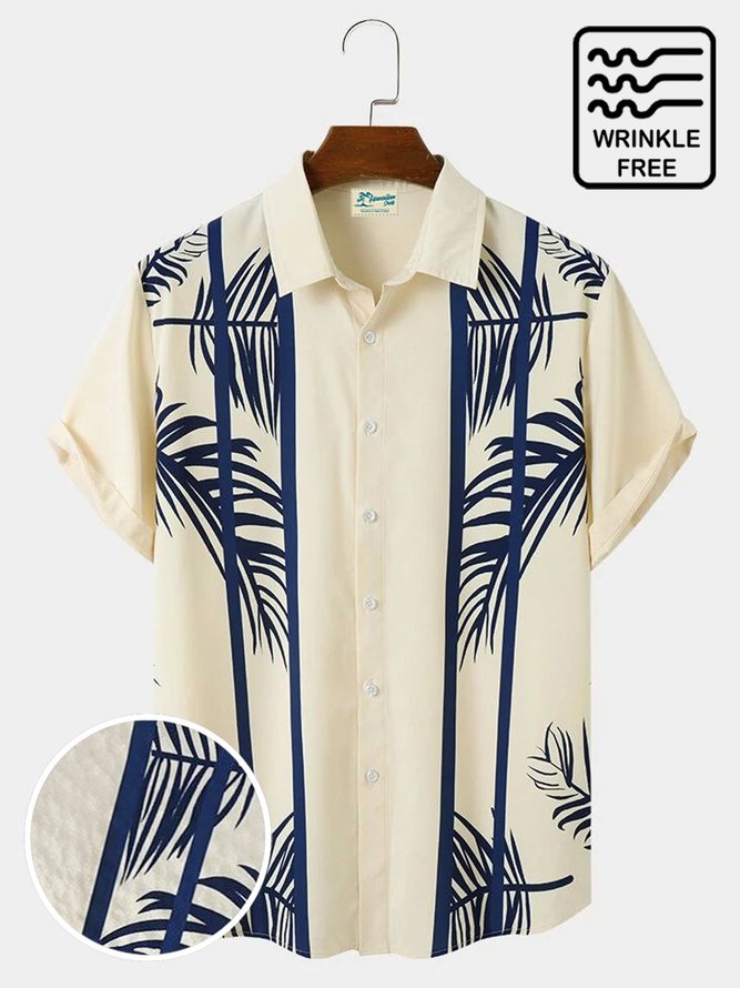 Mens Hawaiian Tropical Leaves Border Line Printed Short Sleeve Skin Friendly Shirts