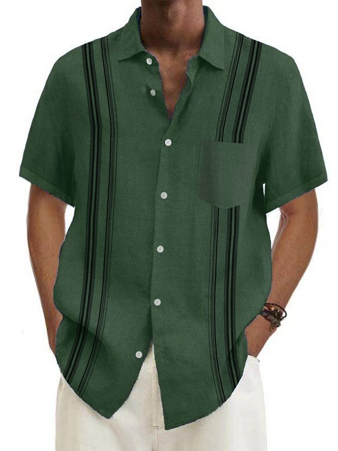 Men's Casual Contrast Stripe Print Cotton Linen Short Sleeve Shirt With Pockets