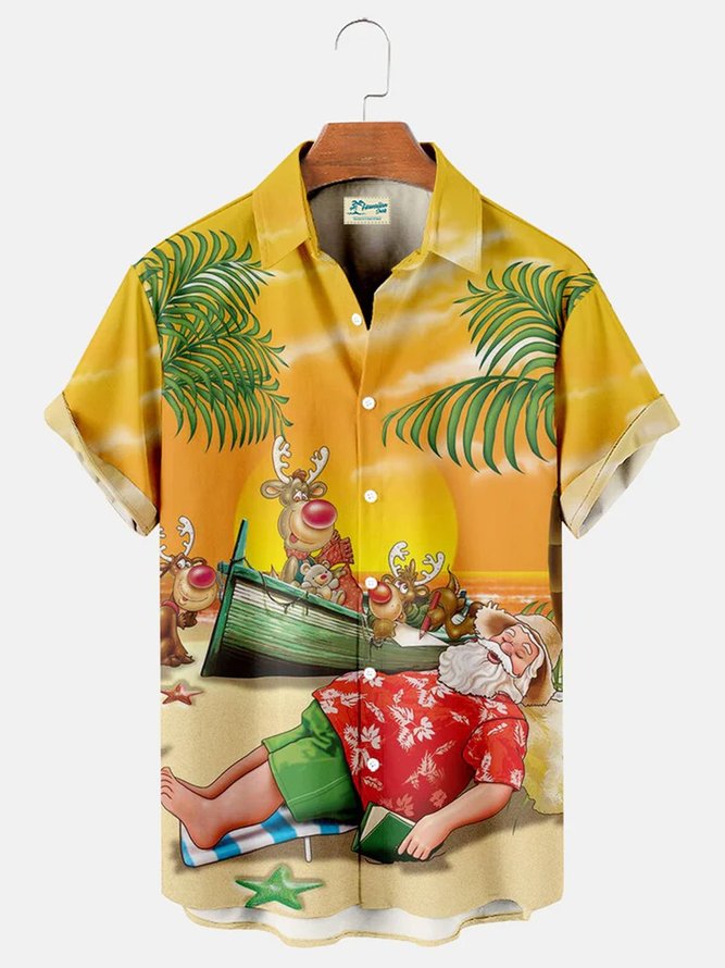 Men's Santa Sleeping On The Beach Print Short Sleeve Hawaiian Shirt