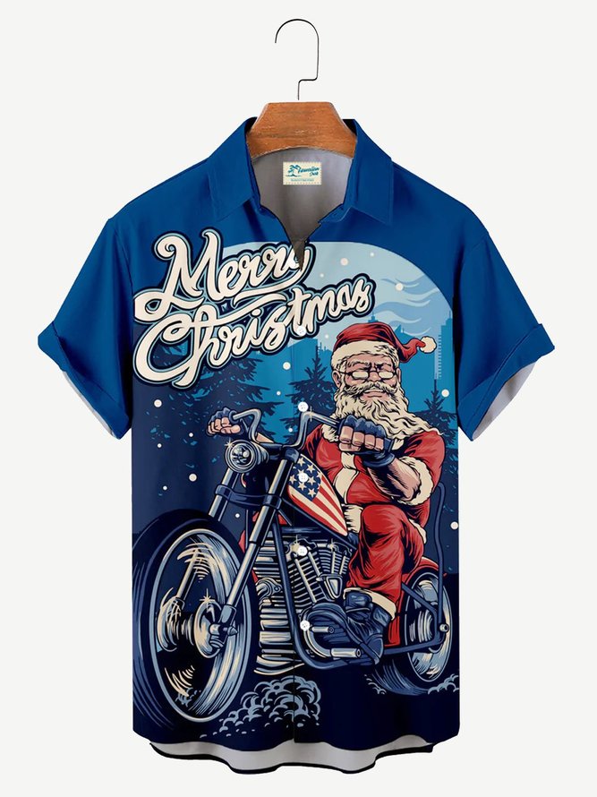 Men's Biker Father Christmas Print Short Sleeve Hawaiian Shirt