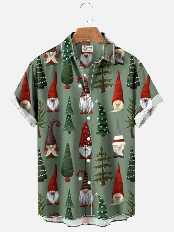 Men's Gnomes Christmas Hawaiian Casual Short Sleeve Seersucker Wrinkle Free Shirt