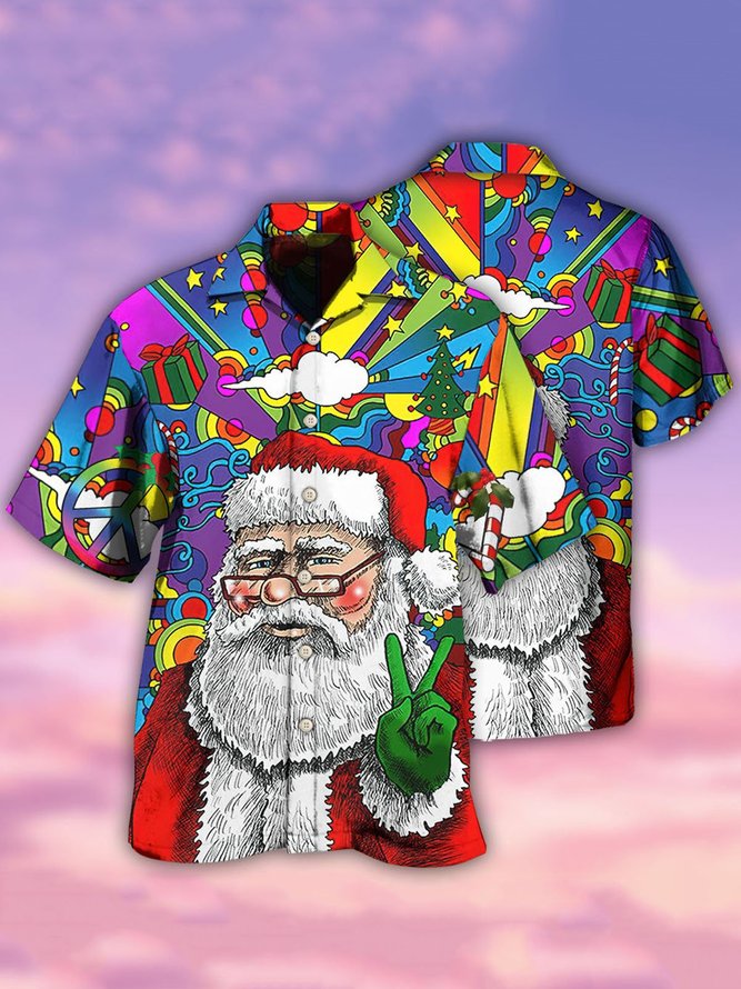 Men's Santa Elk Christmas Print Short Sleeve Hawaiian Shirt