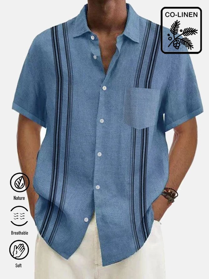 Men's Casual Contrast Stripe Print Cotton Linen Short Sleeve Shirt With Pockets
