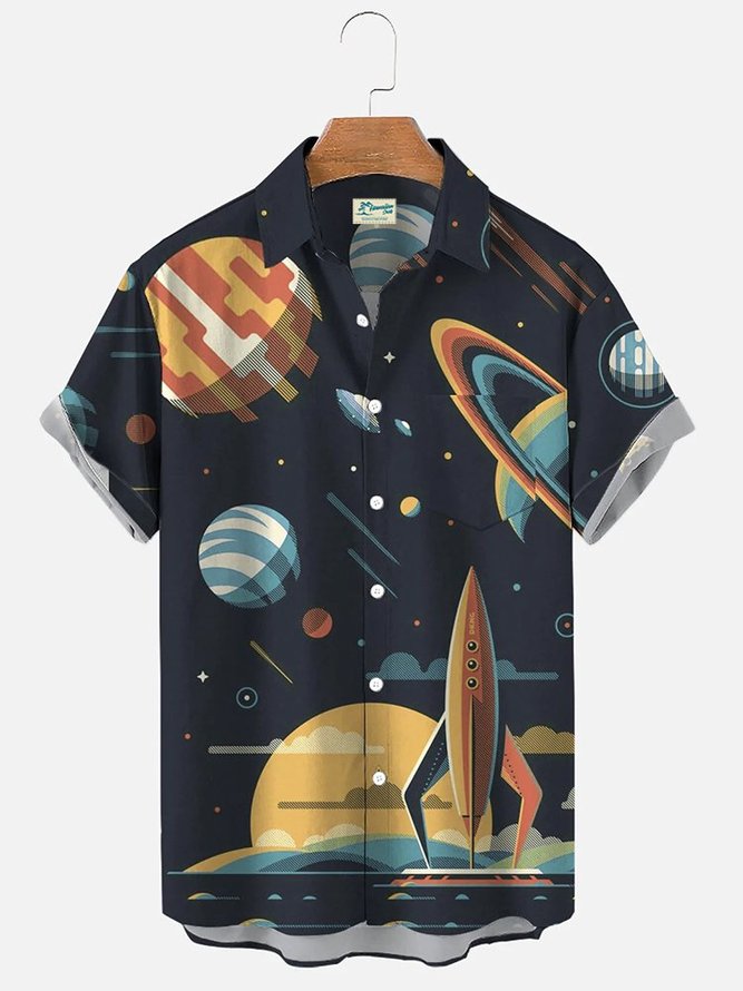 Men's Rocket Cartoon Aerospace Hawaiian Short Sleeve Shirt