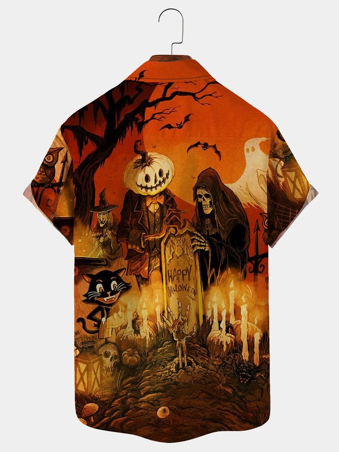 Royaura Men's Vintage Halloween Shirts Grim Reaper Black Cat Pumpkin Monster Aloha Shirts