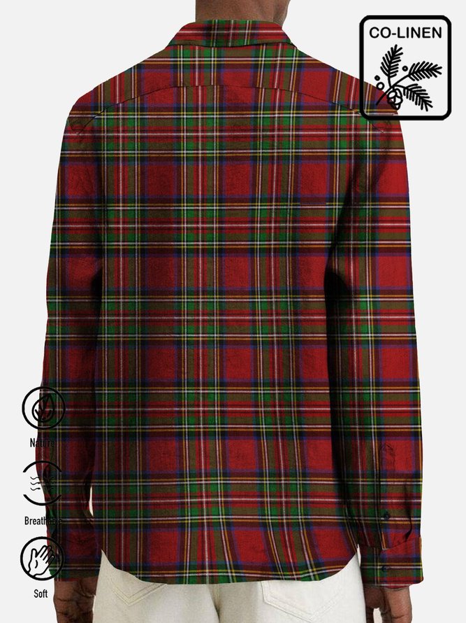 Men's Checked Long Sleeve Shirts Red and Green Christmas Cotton and Linen Blend Plus Size Tops