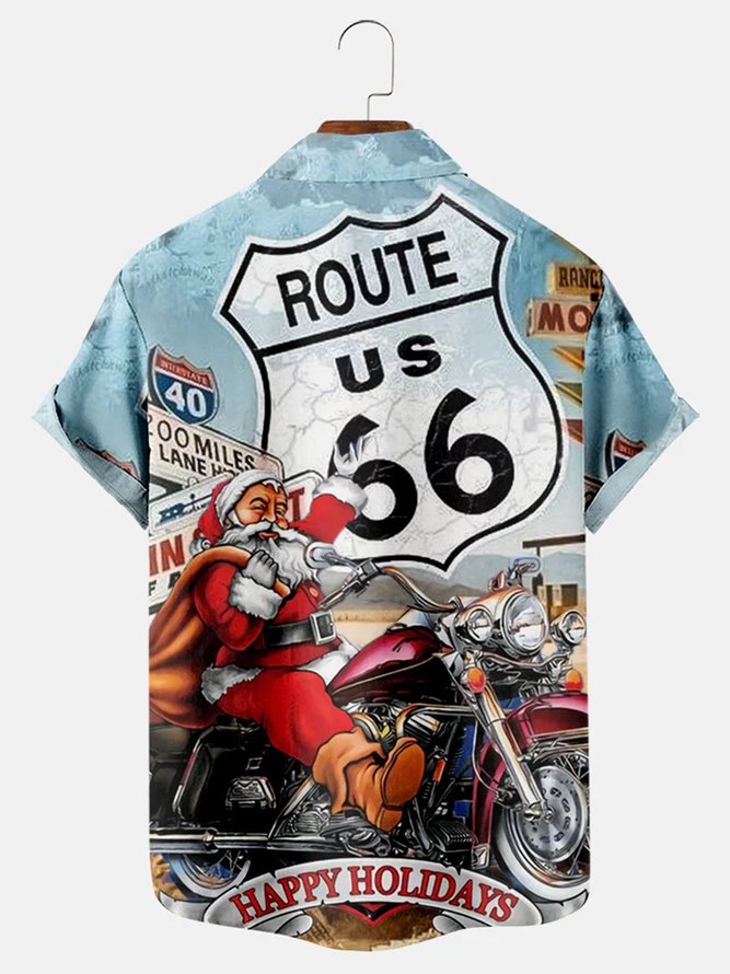 Men's Santa Ride Motorcycle Route 66 Print Short Sleeve Hawaiian Shirt