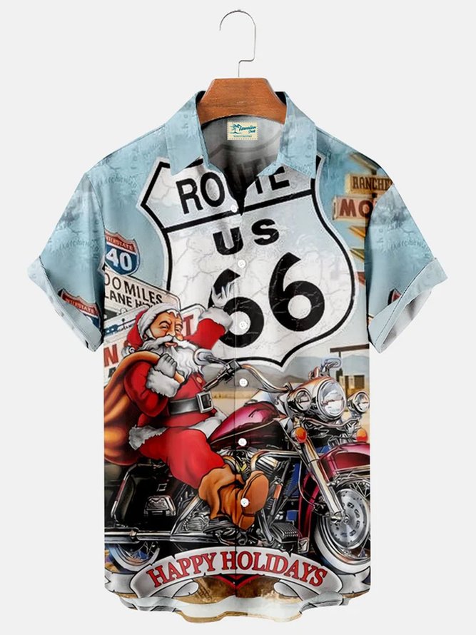 Men's Santa Ride Motorcycle Route 66 Print Short Sleeve Hawaiian Shirt
