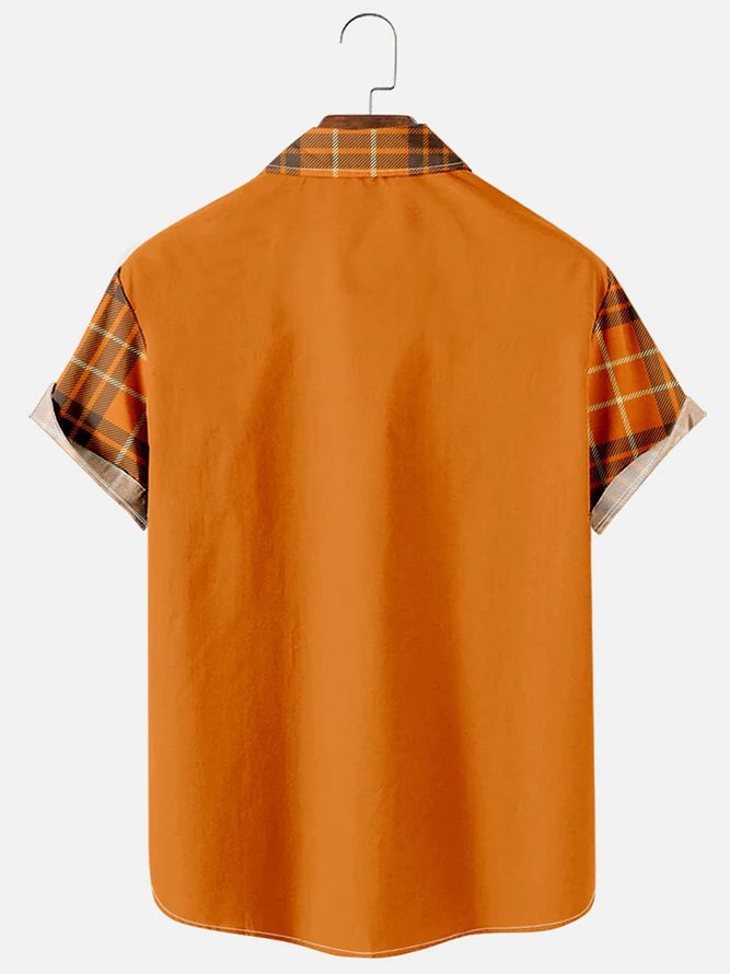 Men's Thanksgiving Fun Turkey Plaid Patchwork Print Short Sleeve Shirt