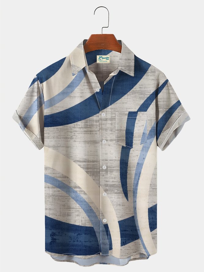 Men's Retro Geometric Hawaiian Short Sleeve Seersucker Wrinkle Free Shirt