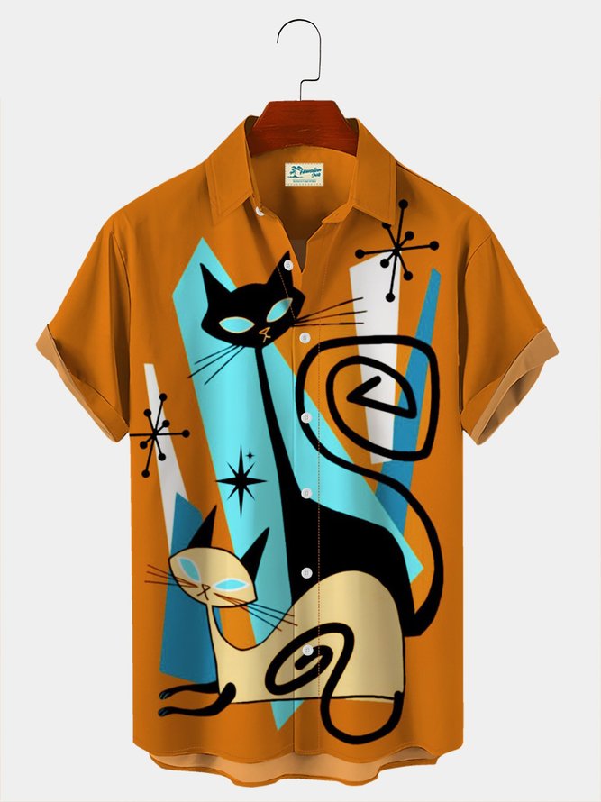 Men's Vintage Casual Shirts Geometric Cat Abstract Art Wrinkle Free Plus Size Tops