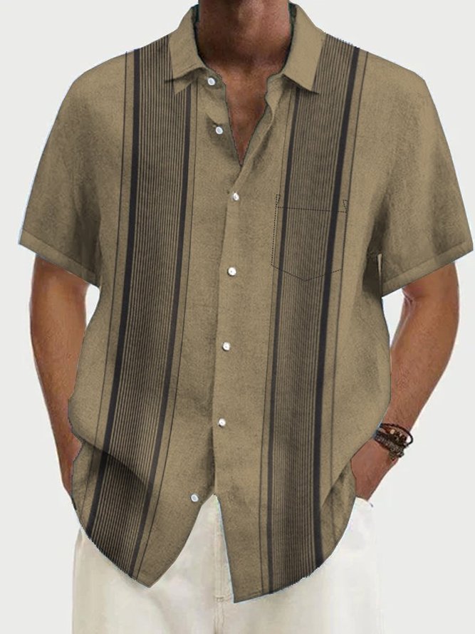 Cotton Linen Men's Striped Hawaiian Short Sleeve Shirt