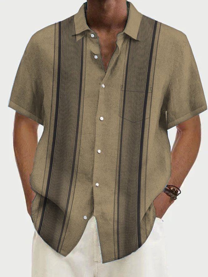 Cotton Linen Men's Striped Hawaiian Short Sleeve Shirt royaura