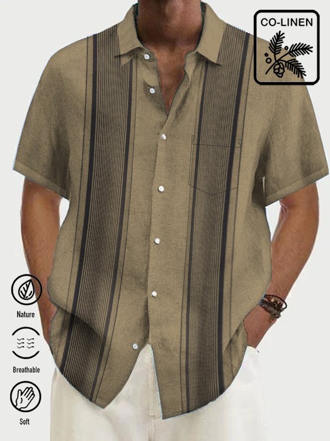 Cotton Linen Men's Striped Hawaiian Short Sleeve Shirt