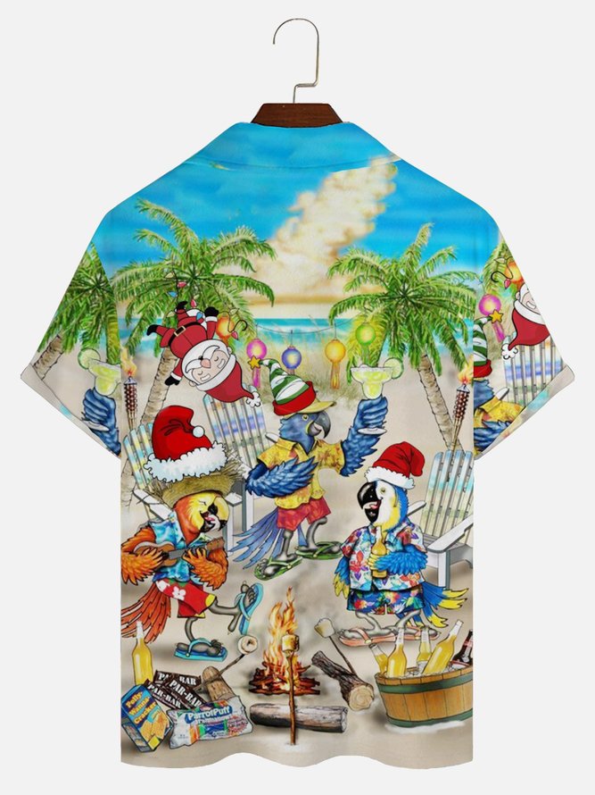 Men's Holiday Christmas Shirts Beach Parrot Santa Cocktail Seersucker Wrinkle Free Plus Size Tops