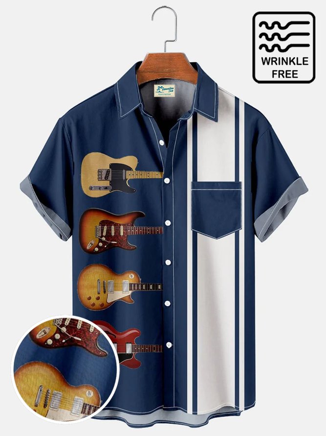 Royaura Men's Vintage Music Guitar Striped Wrinkle Free Button Up Bowling Shirts