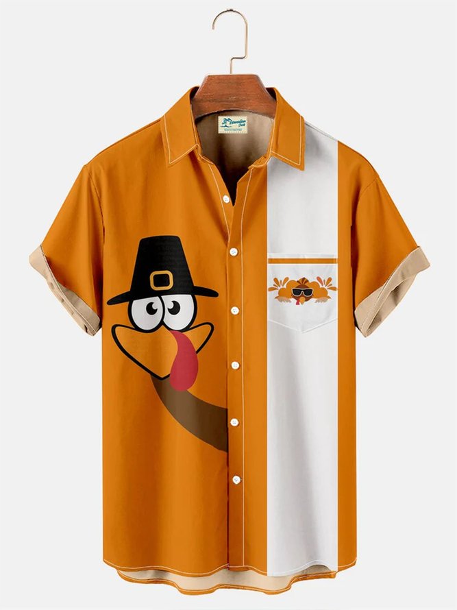 Royaura Men's Thanksgiving Fun Turkey Contrast Wrinkle Free Short Sleeve Shirt