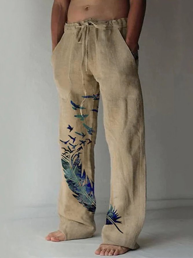 Royaura Men's Drawstring Feather Breathable Cotton Linen Trousers royaura