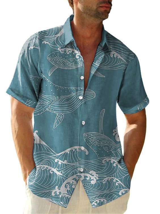 Men's Causual Ocean Creatures Whale Sea Print Short Sleeve Hawaii Shirt