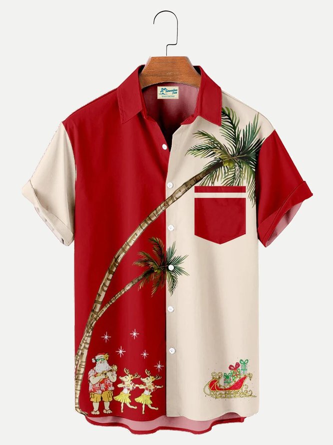 Royaura Men's Christmas Contrast Palm Tree Santa Print Seersucker Short Sleeve Shirts