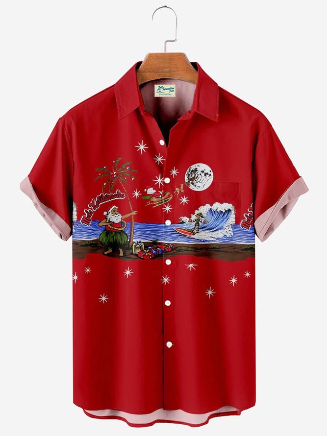 Royaura Men's Christmas Hula Santa Print Short Sleeve Hawaiian Shirts