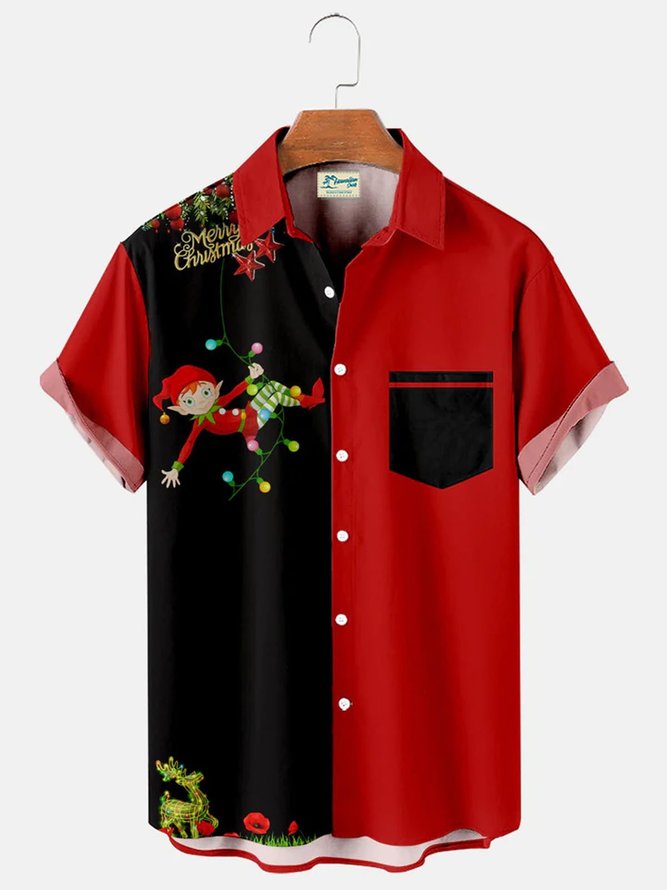 Royaura Men's Funny Christmas Elk Print Short Sleeve Shirts Tuckless