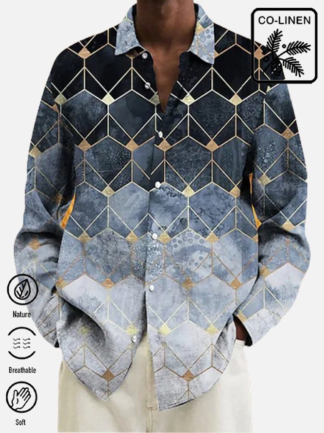 Royaura Cotton Linen Men's Geometric Gradient Hawaiian Long Sleeve Shirt Button