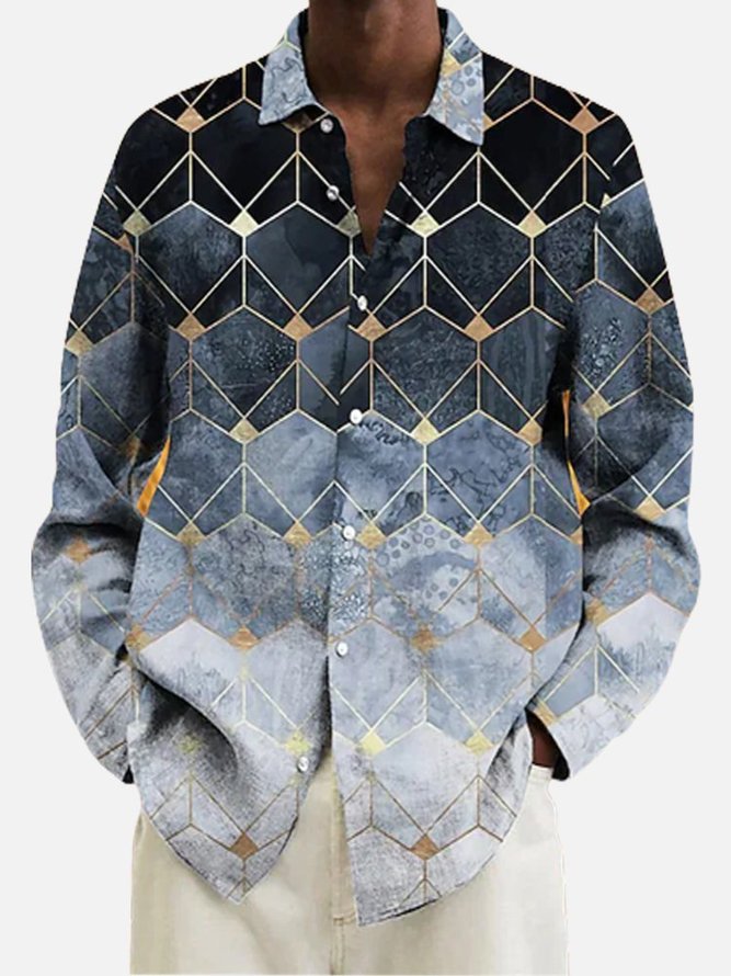 Royaura Cotton Linen Men's Geometric Gradient Hawaiian Long Sleeve Shirt Button