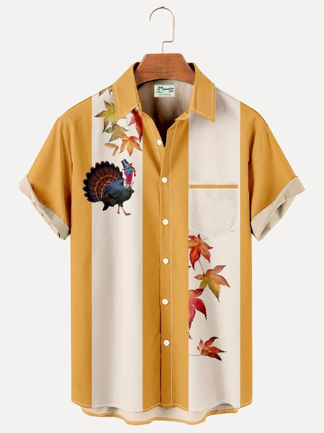 Royaura Men's Thanksgiving Funny Turkey Maple Leaf Bowling Shirts Seersucker Botton Up Shirts